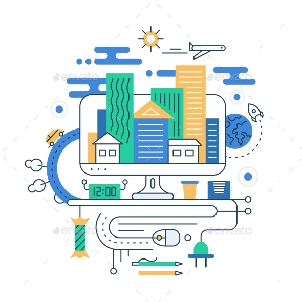 Travel Planning. Line Design Illustration - Buildings Objects