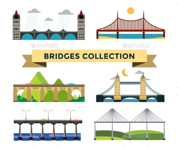 Bridge Silhouette Vector Illustration Set - Buildings Objects
