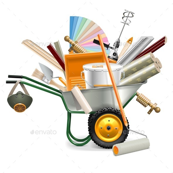 Vector Wheelbarrow with Painting Tools - Industries Business