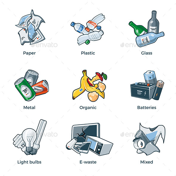 Isolated Trash Waste Recycling Categories Types - Objects Vectors