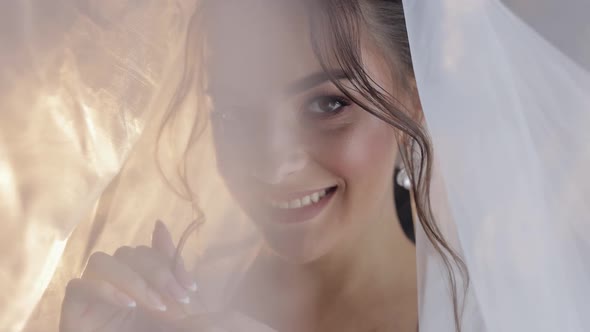 Bride in Boudoir Dress Under Veil and in a Silk Robe. Wedding Morning Preparations Before Ceremony alt