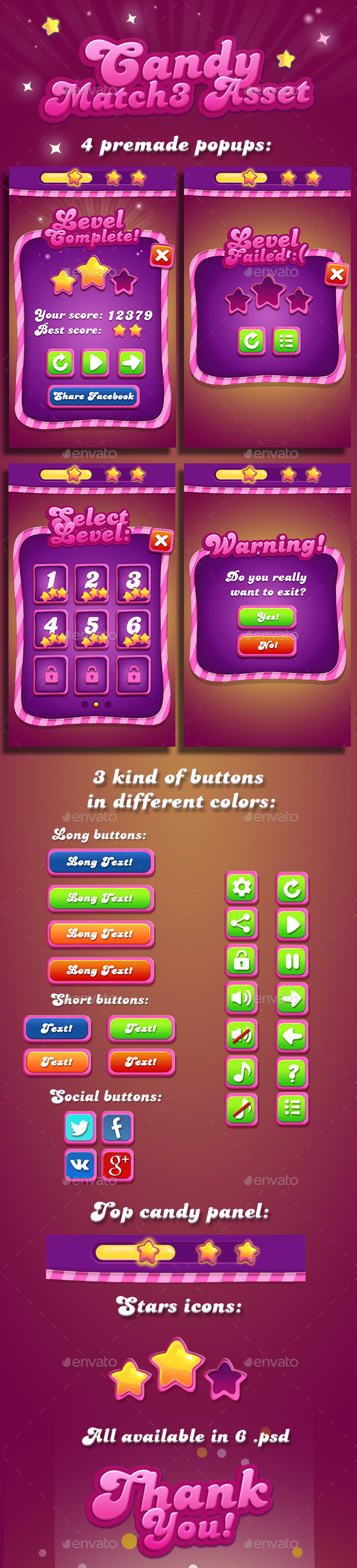 Candy Match-3 GUI - User Interfaces Game Assets
