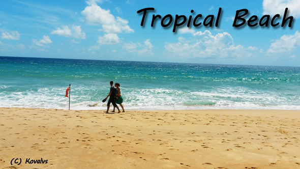Happy Couple Walking On Tropical Beach 