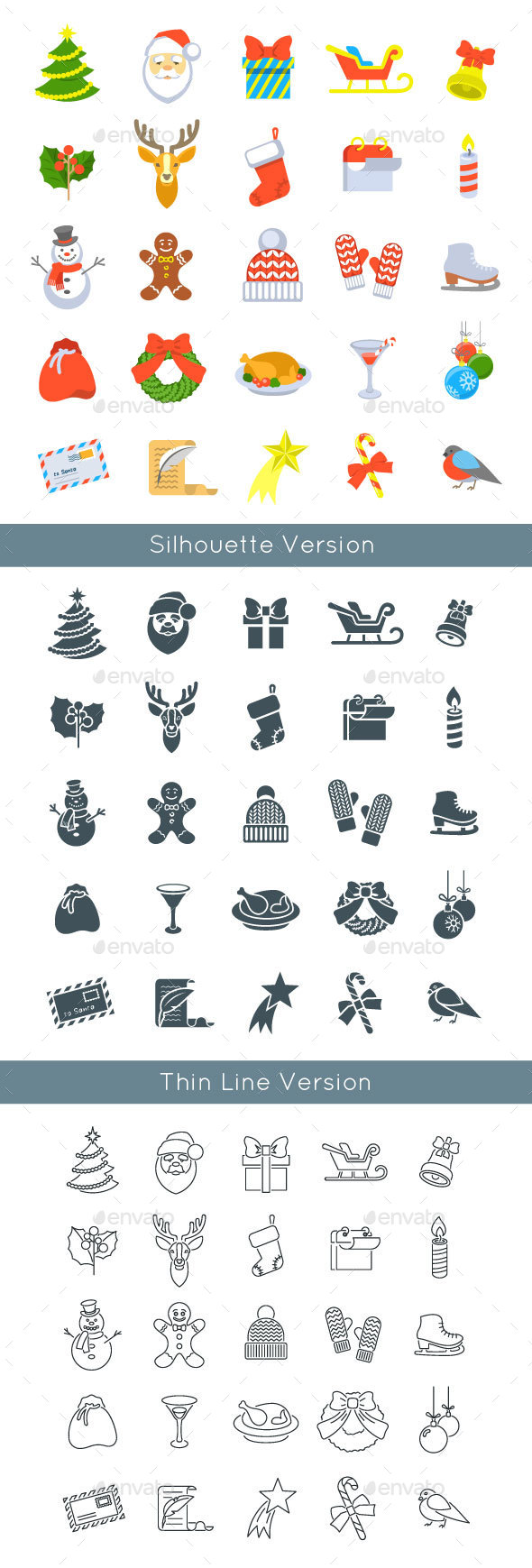 Christmas Symbols Flat Vector Icons Set - Seasonal Icons