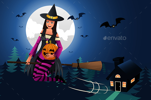 Witch Flying in Front of the Full Moon - Halloween Seasons/Holidays