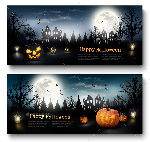 Scary Halloween Banners With Pumpkins and Moon - Halloween Seasons/Holidays