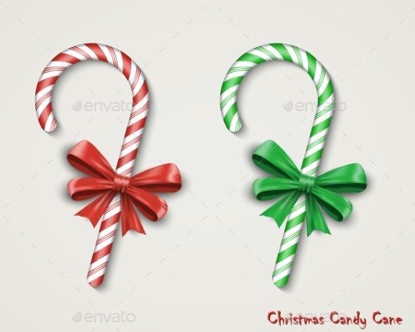 Christmas Candy Cane With Red Bow Isolated - Christmas Seasons/Holidays
