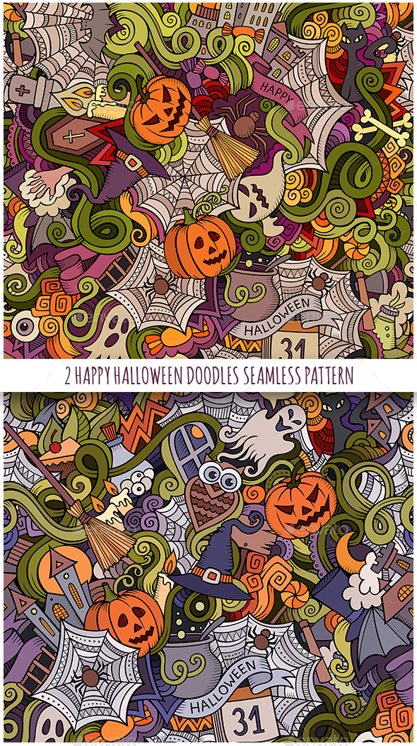 2 Halloween Doodles Seamless Patterns - Halloween Seasons/Holidays