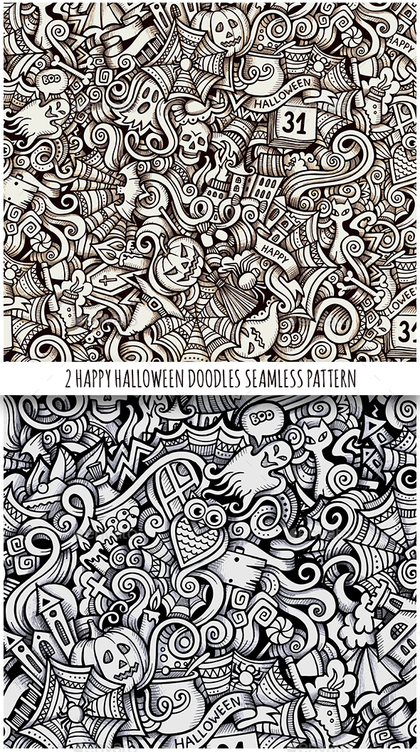 2 Halloween Doodles Seamless Patterns - Halloween Seasons/Holidays