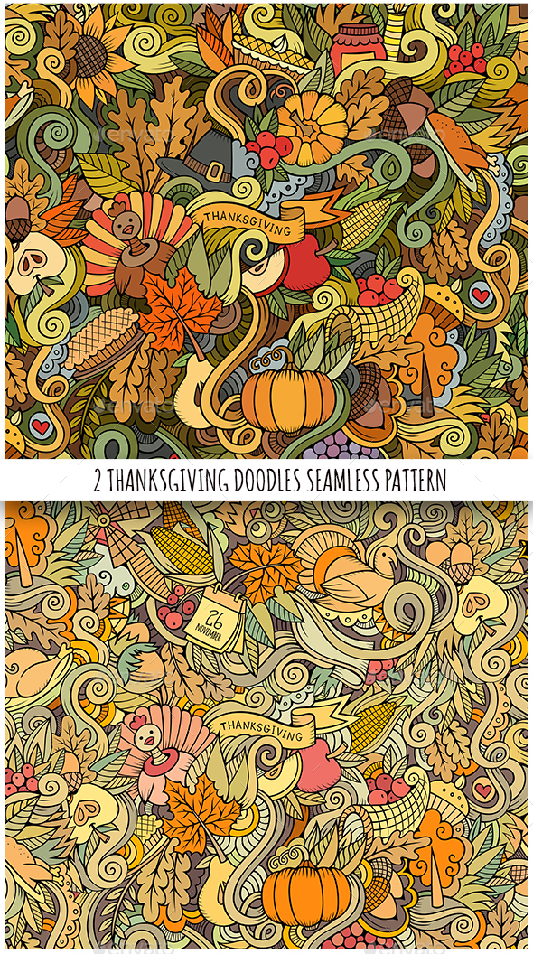 2 Thanksgiving Doodles Seamless Patterns - Seasons/Holidays Conceptual
