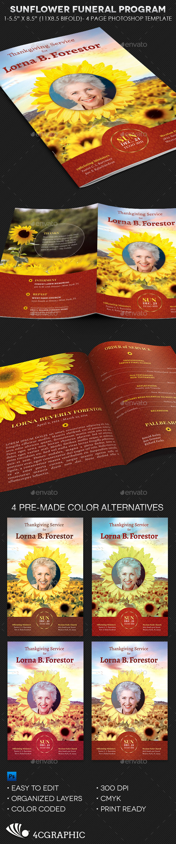 Sunflower Funeral Program Template - Informational Brochures