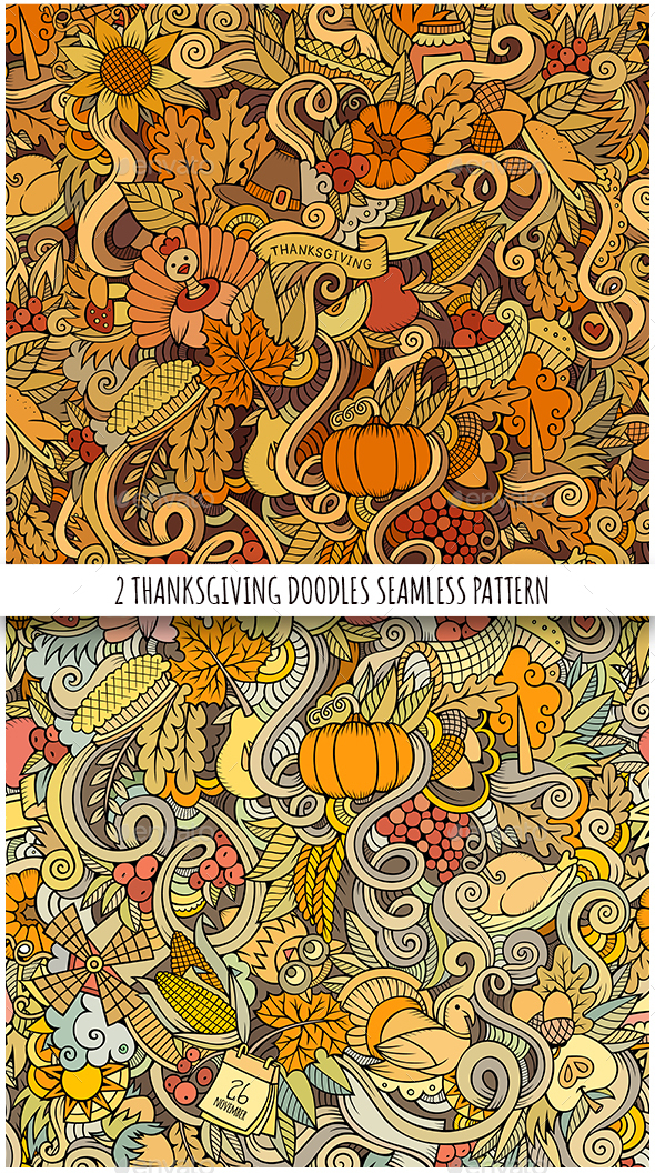 2 Thanksgiving Doodles Seamless Patterns - Miscellaneous Seasons/Holidays