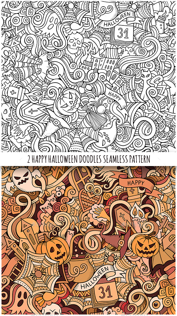 2 Halloween Doodles Seamless Patterns - Halloween Seasons/Holidays