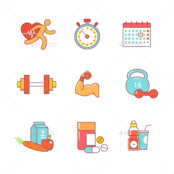 Bodybuilder, Health, Fitness Thin Line Icons Set - Objects Icons