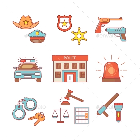 Police Building, Car, Court And Law Enforcement - Icons
