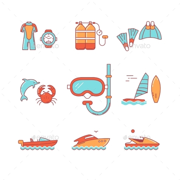 Diving And Freediving Equipment, Boats - Icons