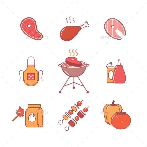 Barbecue, Outdoor Meat And Fish Steak Grill Frying - Icons