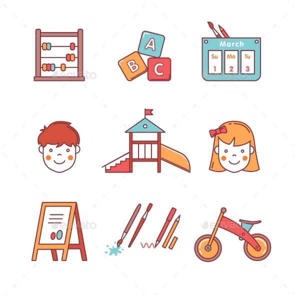 Kindergarten Education Equipment. Girl And Boy - Objects Icons