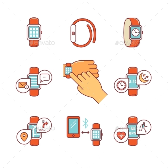 Thin Line Icons Set. Modern Smart Watches And Apps - Technology Icons