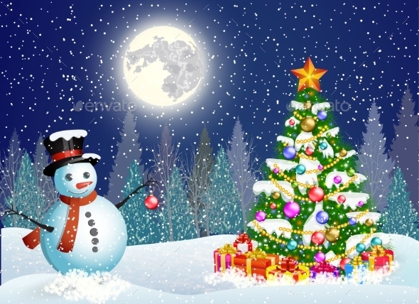 Cute Snowman Decorating a Christmas Tree - Christmas Seasons/Holidays