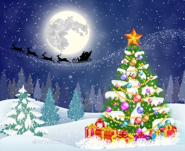 Christmas Tree On The Background Of Night Sky - Christmas Seasons/Holidays