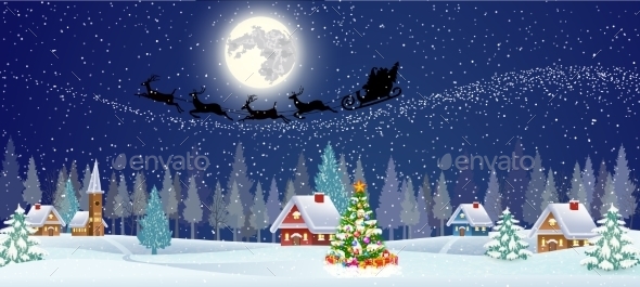 Background With Christmas Tree And Night Village - Christmas Seasons/Holidays