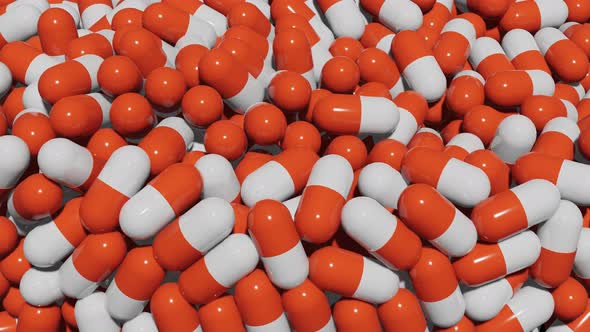 3D Render Close Up Red and White Pills Moves on Conveyor