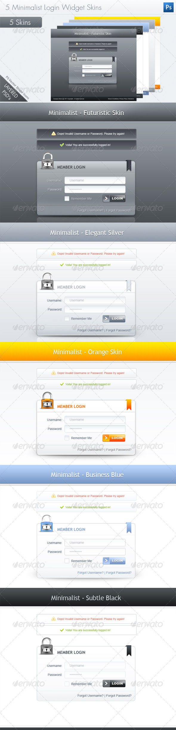 5 Minimalist Login Widget Skins - Forms Web Elements