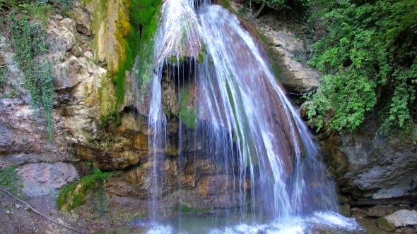 AERIAL VIEW. Full-Flowing Waterfall Dzhur Dzhur In