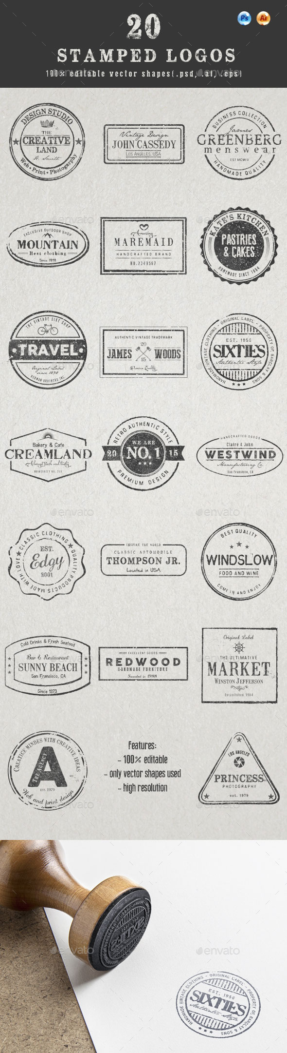 20 Stamped Logos (Photoshop & Illustrator) - Badges & Stickers Web Elements