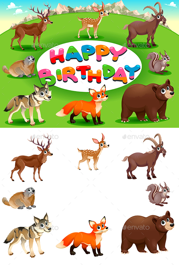 Happy Birthday Card with Mountain and Wood Animals - Animals Characters