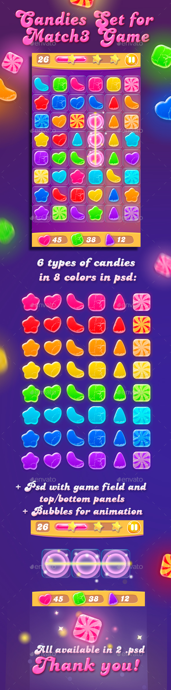 Colorful Candies for Match3 Game Set + Game UI Elements - Game Kits Game Assets