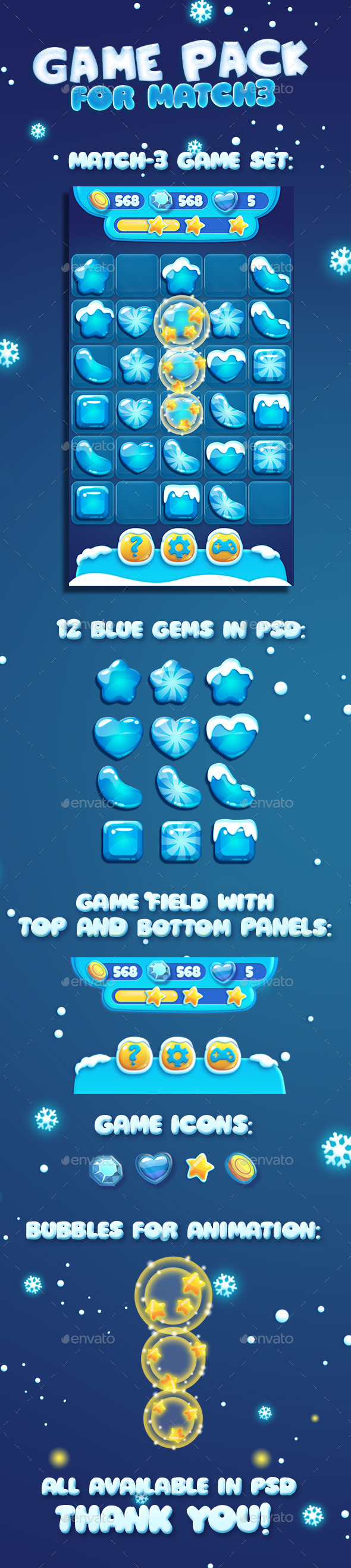 Snow Christmas Cartoon Match3 Gems and UI - Game Kits Game Assets