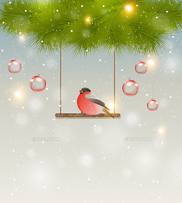 Bullfinch and Green Pine Branch - Christmas Seasons/Holidays