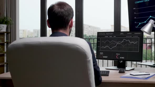 Over the Shoulder Shot of Businessman in Formal Suit Typing on Computer Keyboard alt