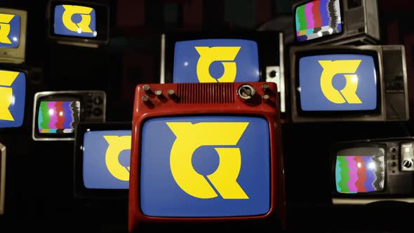 Flag Of Tokushima Prefecture, Japan, and Retro TVs. alt