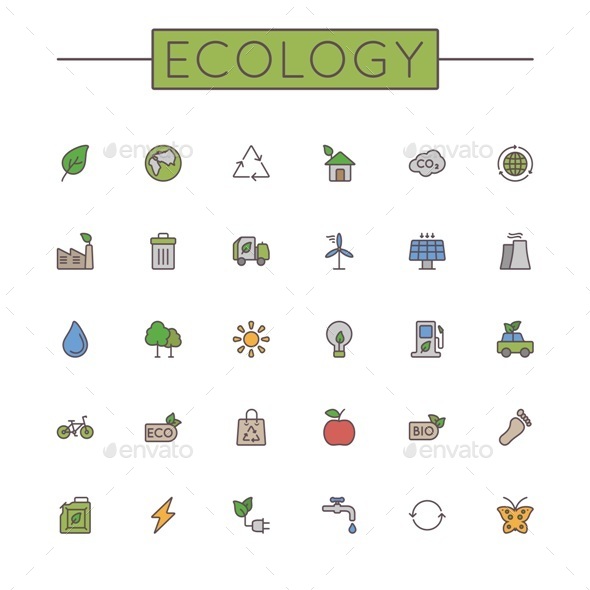 Vector Colored Ecology Line Icons - Industries Business