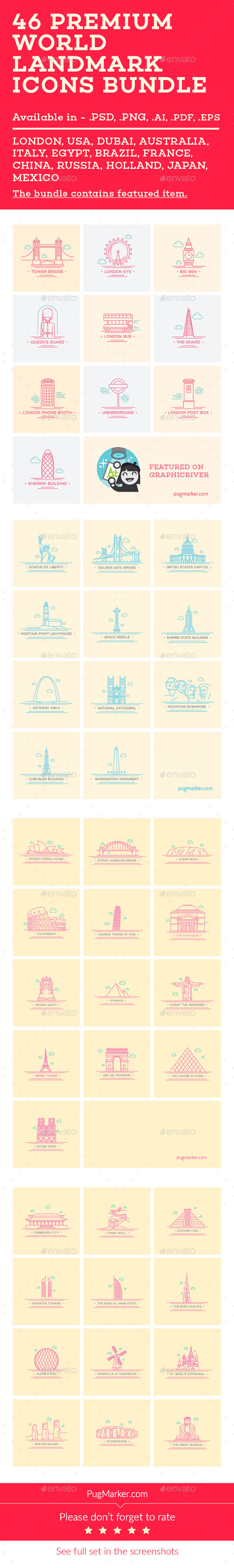 World Landmark Icons Bundle - Vol. 1,2,3,4 - Man-made objects Objects