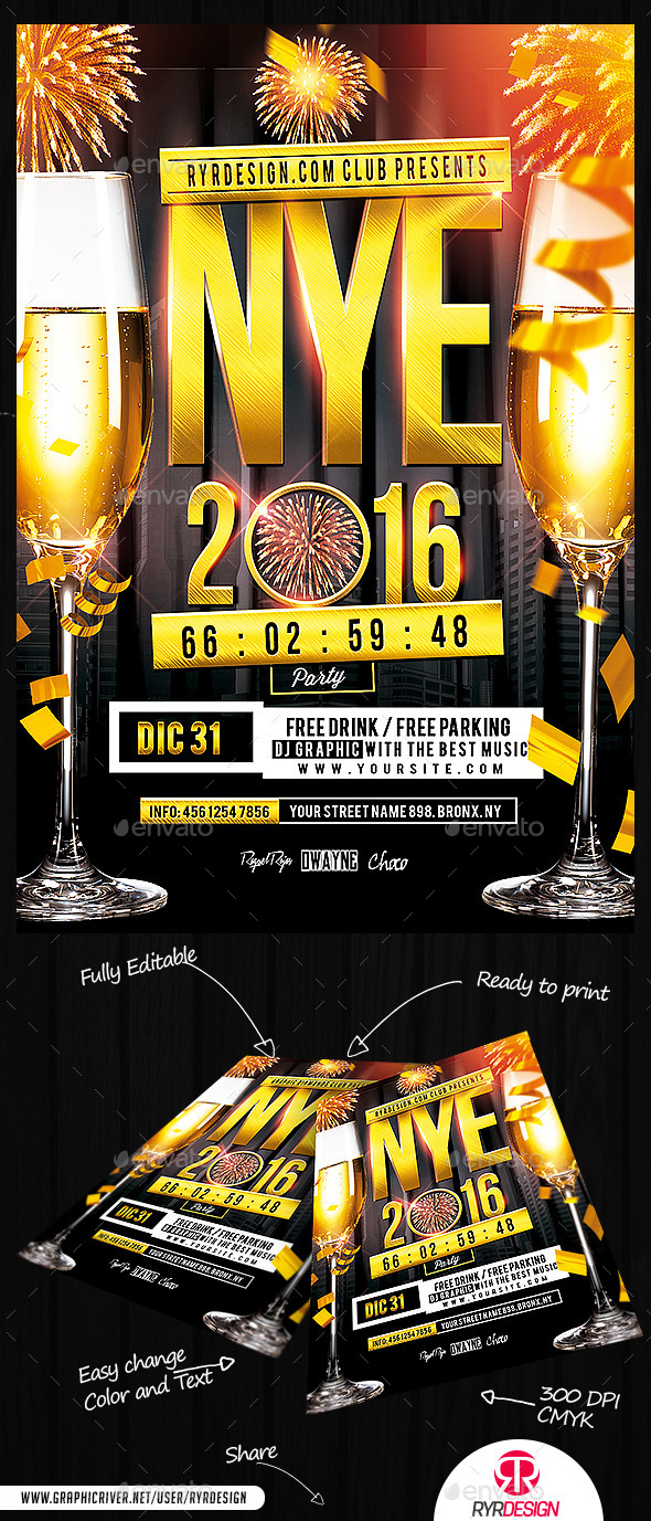 NYE 2016 Party Flyer PSD Template - Events Flyers