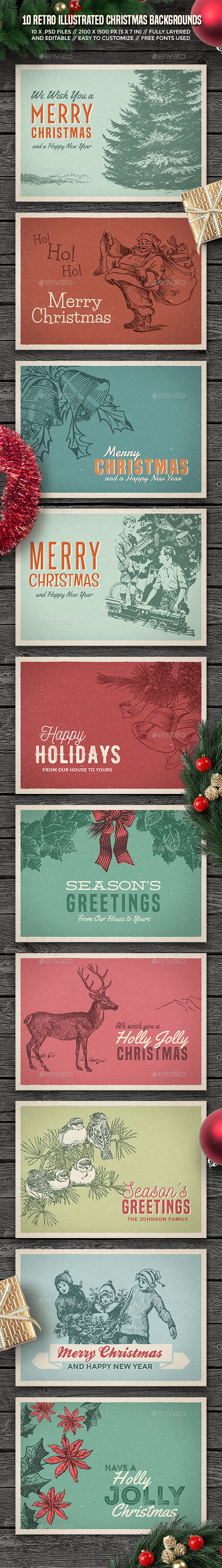 10 Retro Illustrated Christmas Backgrounds/Cards