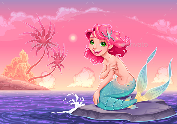 Young Mermaid Near the Shore - Characters Vectors