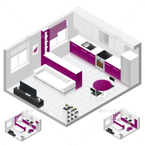Studio Apartment Isometric Icon Set - Miscellaneous Vectors
