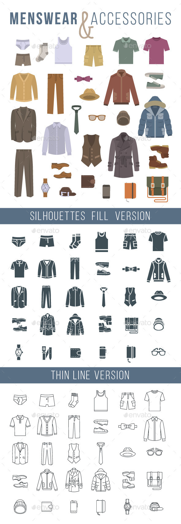 Men Clothes and Accessories Flat Vector Icons - Objects Icons