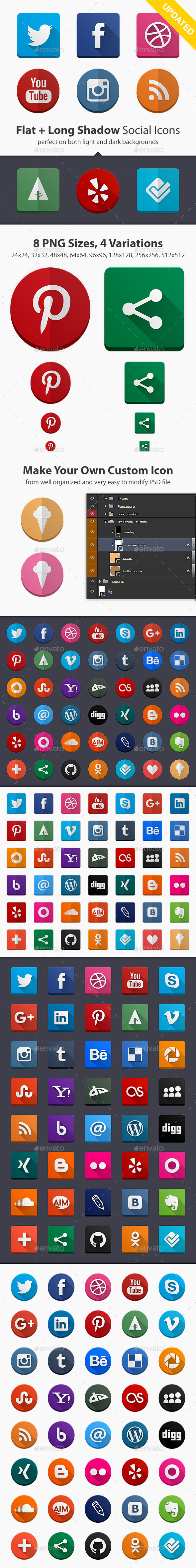160 Social Icons Flat and Long Shadow Bundle - Icons