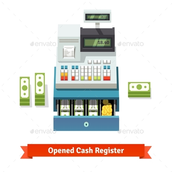 Opened Cash Register, Paper Money And Coins Inside - Retail Commercial / Shopping