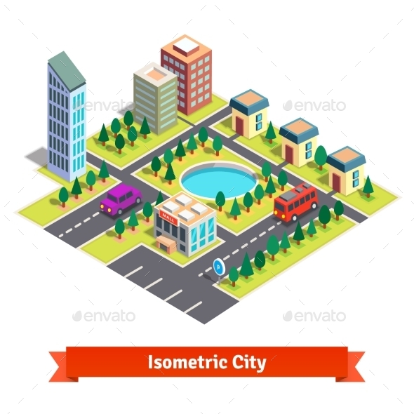 Isometric City With Skyscrapers And Transportation - Buildings Objects