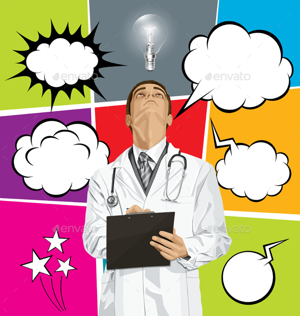Big Set Of Bubble Speech And Doctor Man Looking Up - Health/Medicine Conceptual