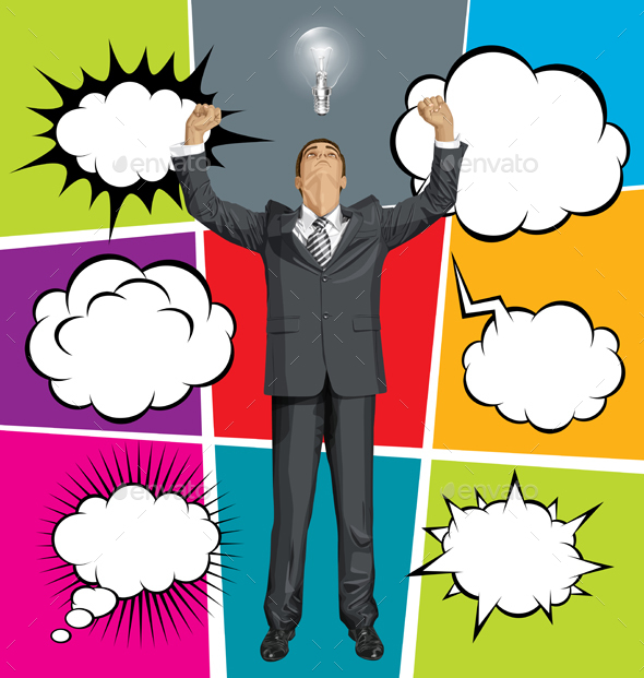 Big Set Of Bubble Speech And Man Looking Up - Business Conceptual