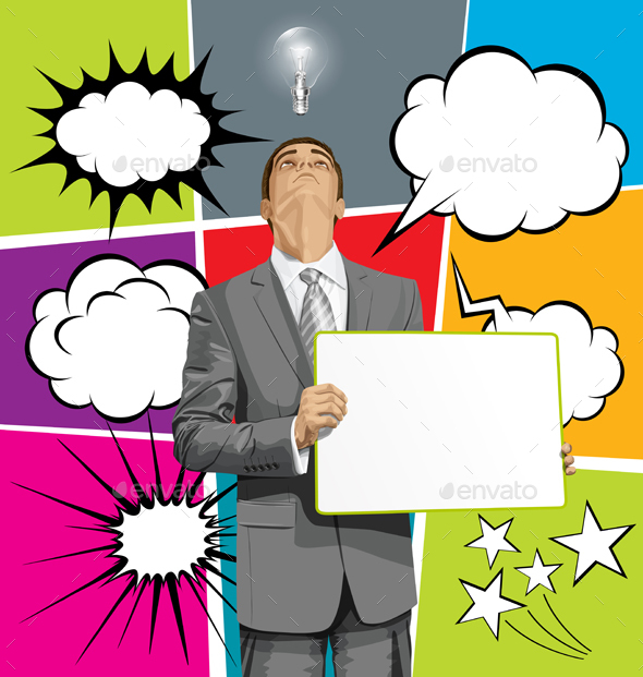 Big Set Of Bubble Speech And Man Looking Up - Business Conceptual
