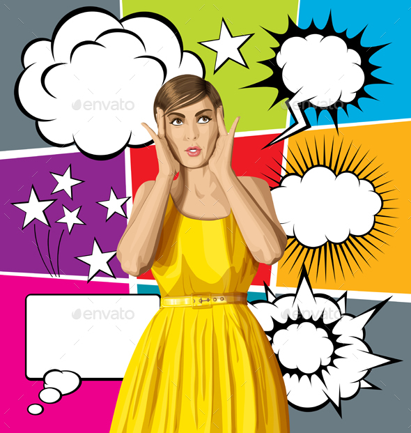 Vector Surprised Girl in Dress with Bubble Speech - People Characters